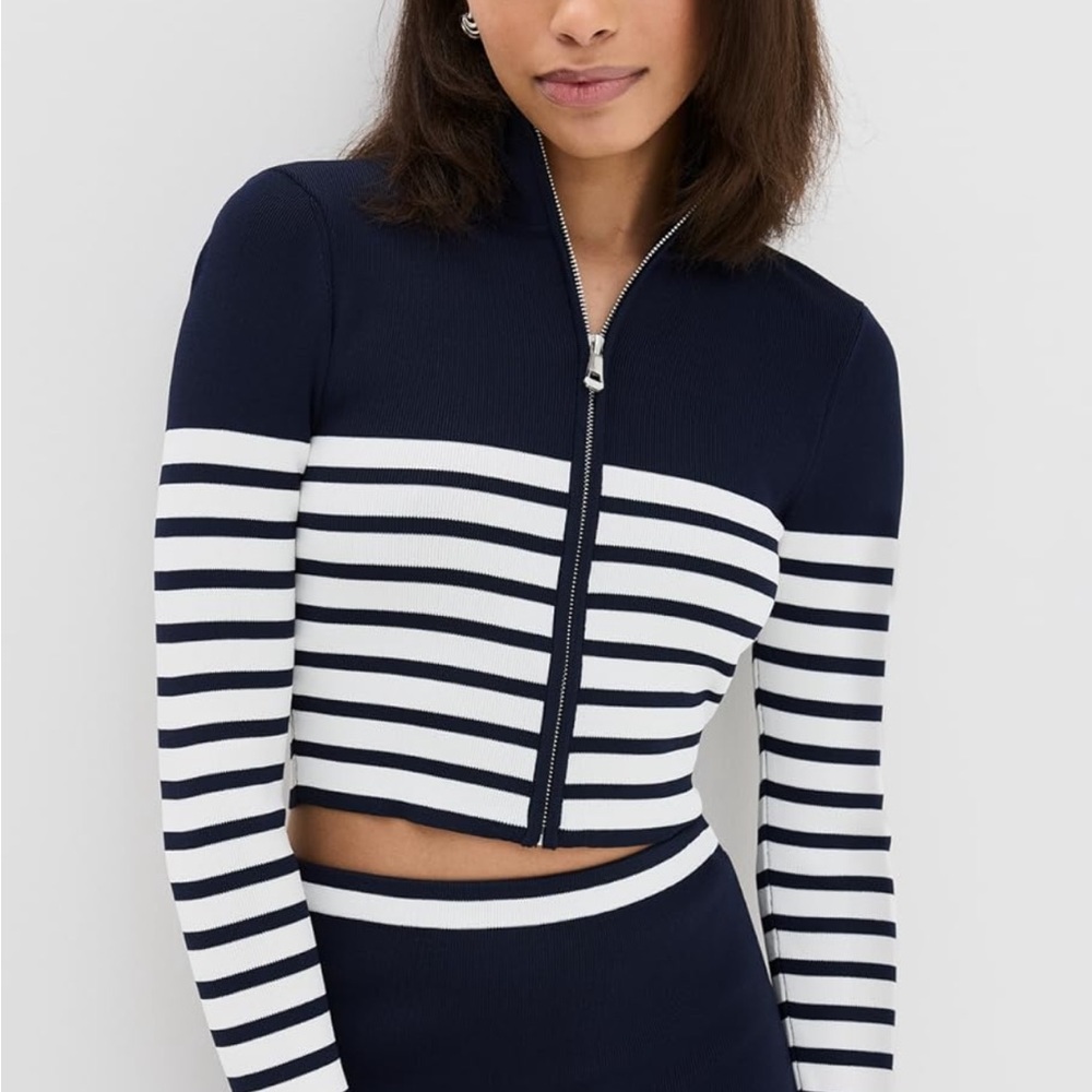 STAUD Navy and White Striped Crop Top